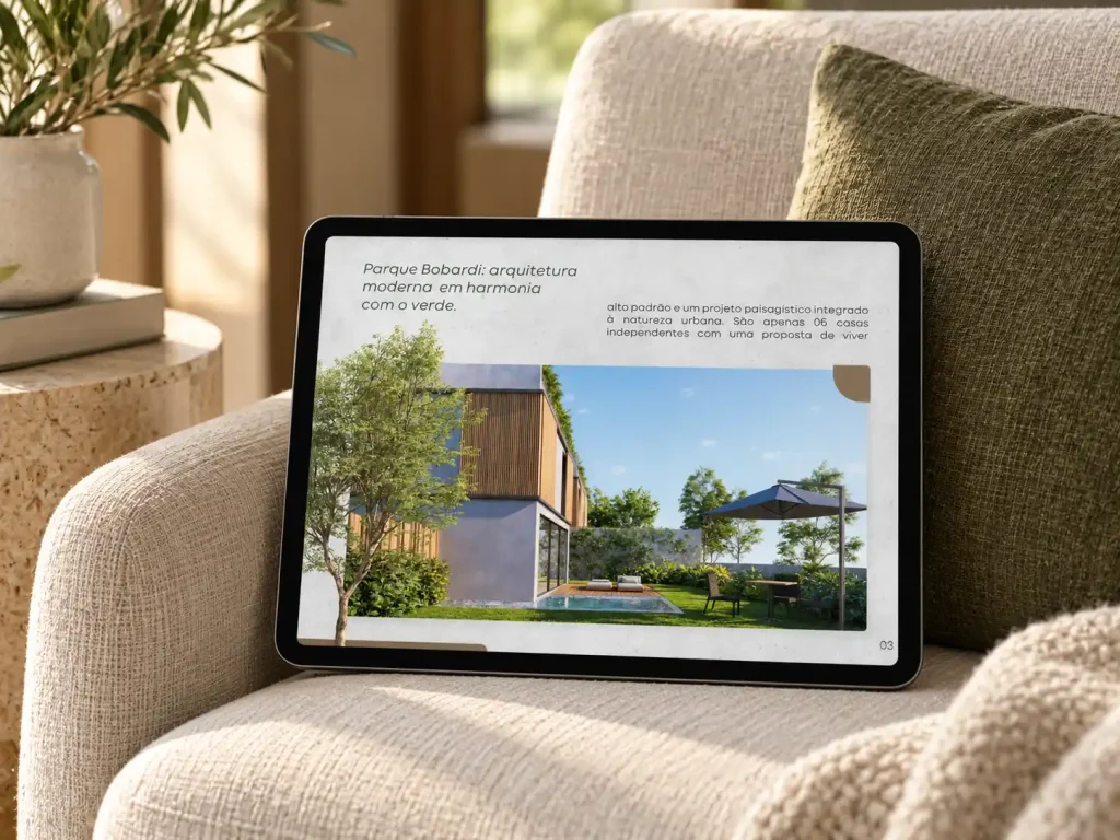 Book digital imobiliário do empreendimento Parque Bobardi exibido em tablet, criado pela Wee Digital