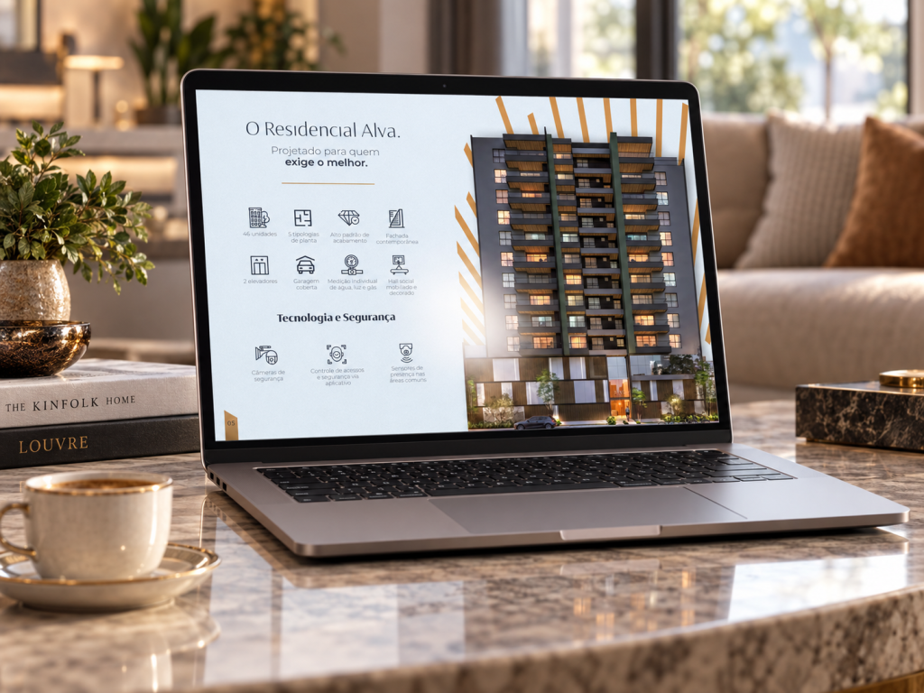 Book digital imobiliário do empreendimento Alva Navegantes exibido em notebook, criado pela Wee Digital