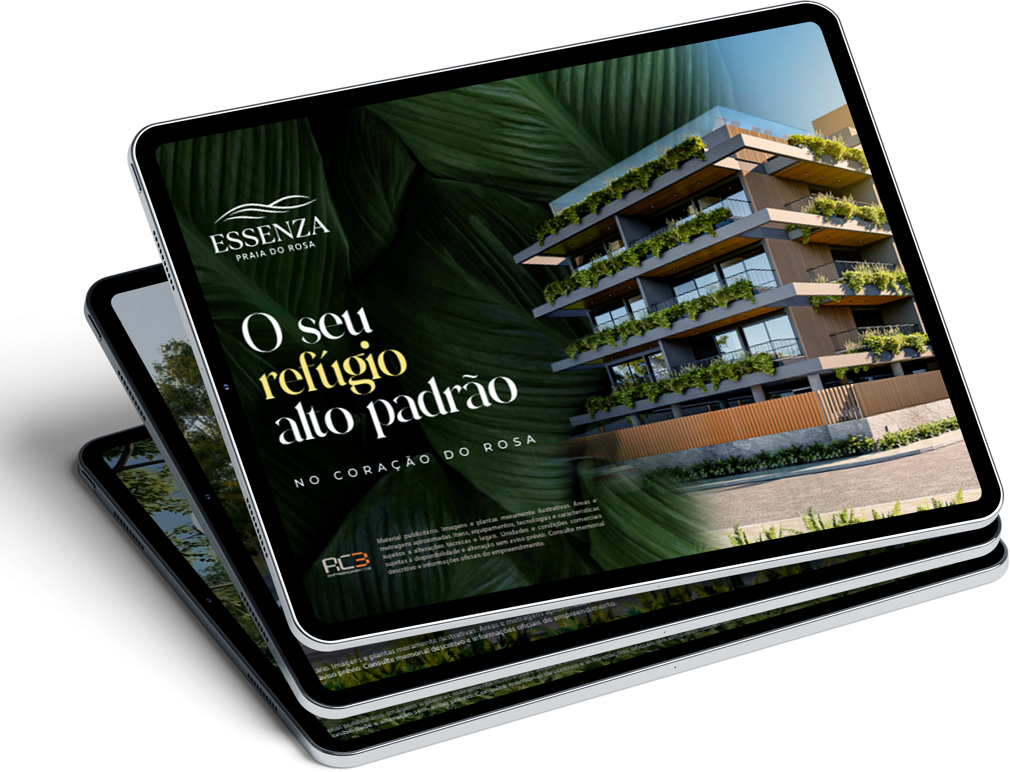 Book digital imobiliário do empreendimento Essenza Praia do Rosa exibido em tablet, criado pela Wee Digital
