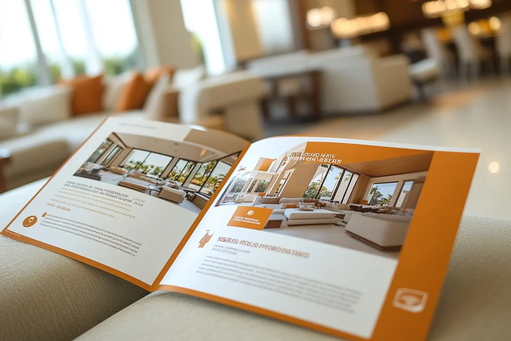 Book de empreendimento imobiliário aberto com imagens e informações sobre ambientes do projeto.