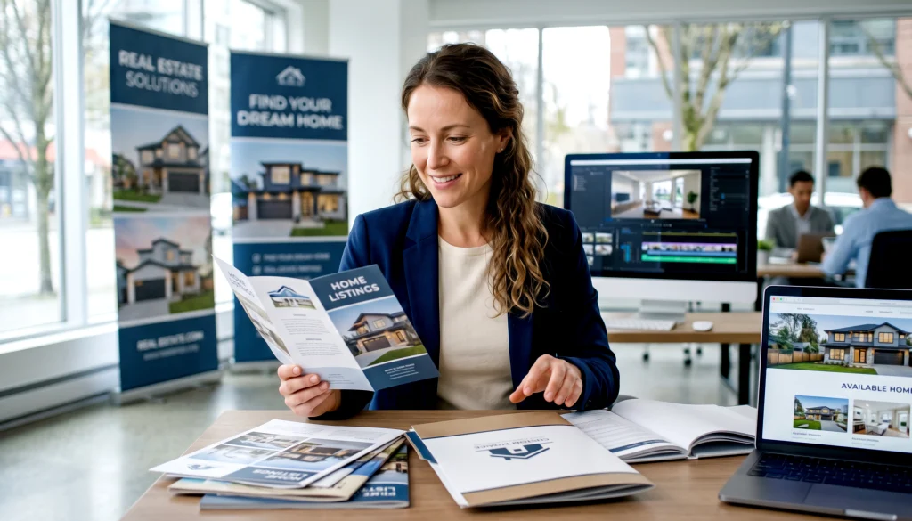Corretora analisa um book imobiliário e materiais de divulgação de imóveis em um escritório.